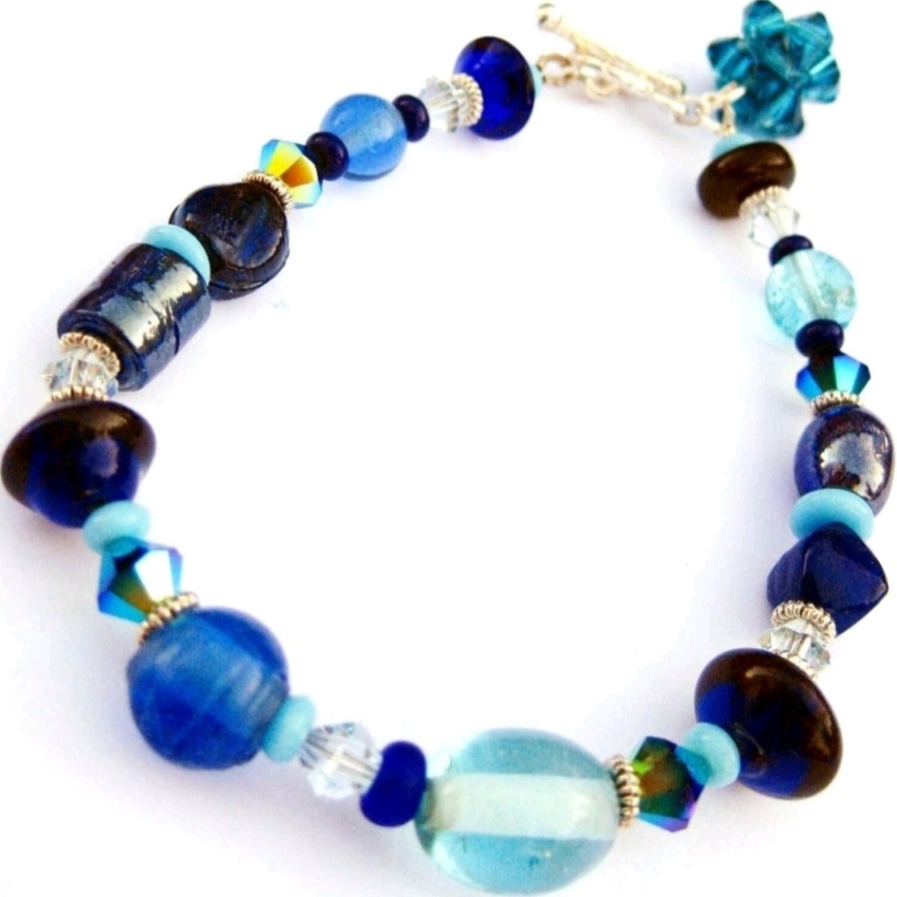 NEW Blue Glass & Swarovski Crystal Handmade Bracelet